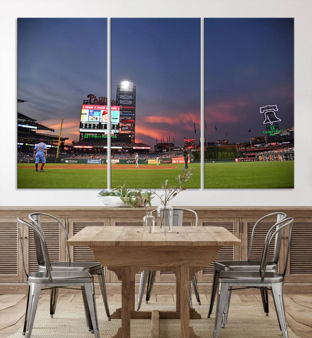 The Philadelphia Phillies Baseball Team Print, featuring the Citizens Bank Park Stadium at sunset, adorns the wall. Its gallery-quality canvas finish brings a touch of elegance to the space.