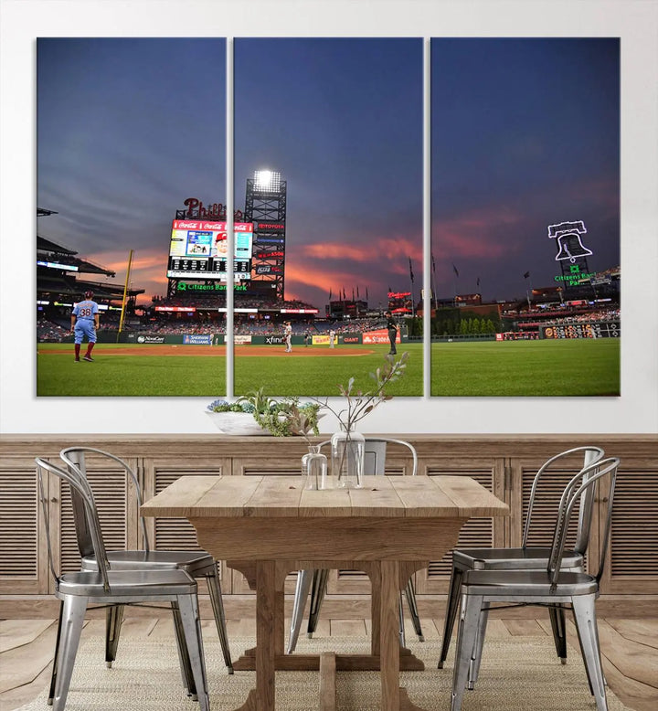 The Philadelphia Phillies Baseball Team Print, featuring the Citizens Bank Park Stadium at sunset, adorns the wall. Its gallery-quality canvas finish brings a touch of elegance to the space.