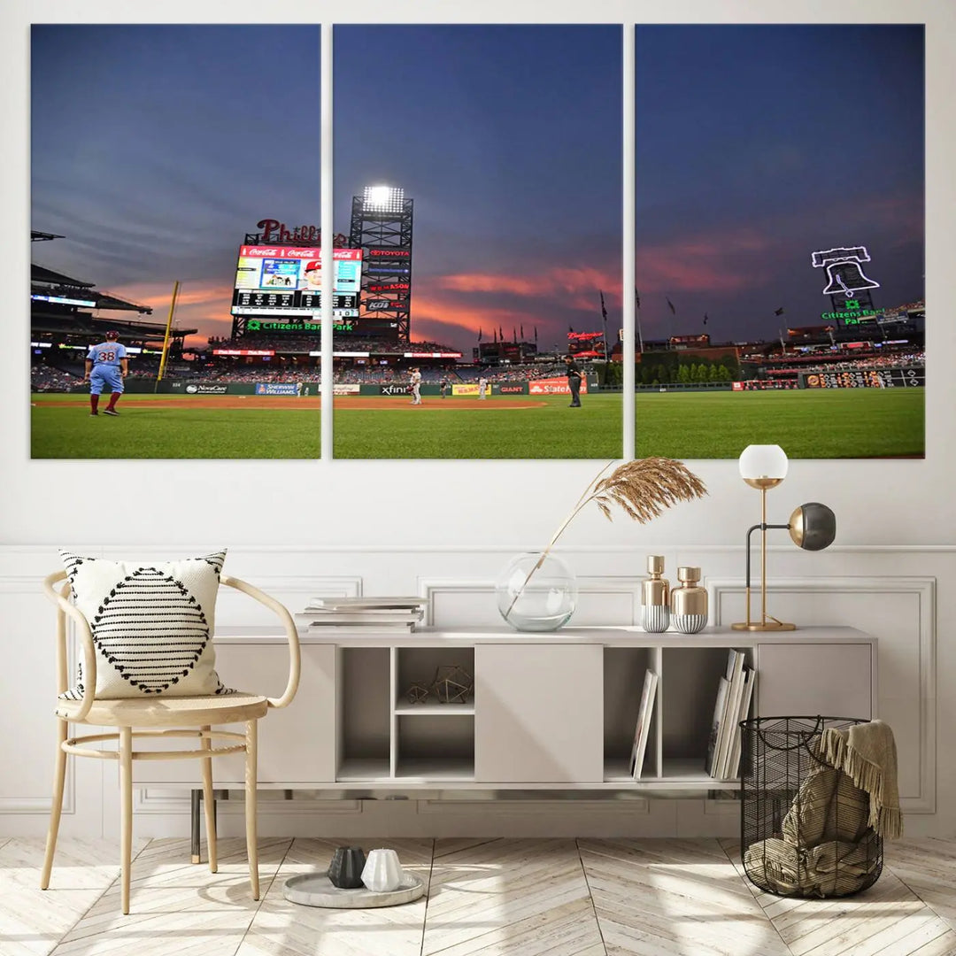 The Philadelphia Phillies Baseball Team Print, featuring the Citizens Bank Park Stadium at sunset, adorns the wall. Its gallery-quality canvas finish brings a touch of elegance to the space.