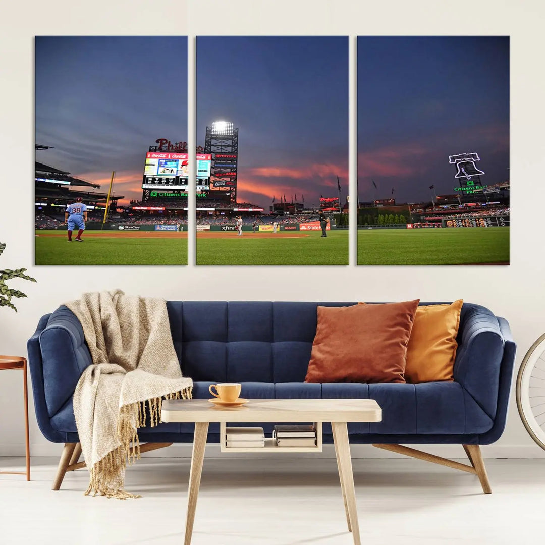 The Philadelphia Phillies Baseball Team Print, featuring the Citizens Bank Park Stadium at sunset, adorns the wall. Its gallery-quality canvas finish brings a touch of elegance to the space.