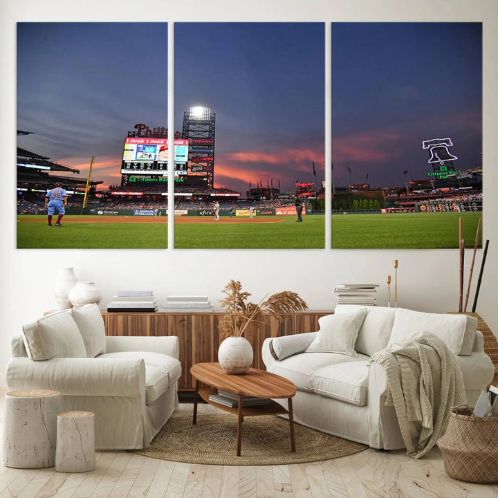 The Philadelphia Phillies Baseball Team Print, featuring the Citizens Bank Park Stadium at sunset, adorns the wall. Its gallery-quality canvas finish brings a touch of elegance to the space.