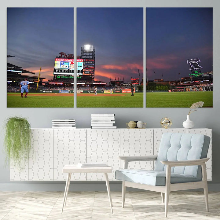 The Philadelphia Phillies Baseball Team Print, featuring the Citizens Bank Park Stadium at sunset, adorns the wall. Its gallery-quality canvas finish brings a touch of elegance to the space.