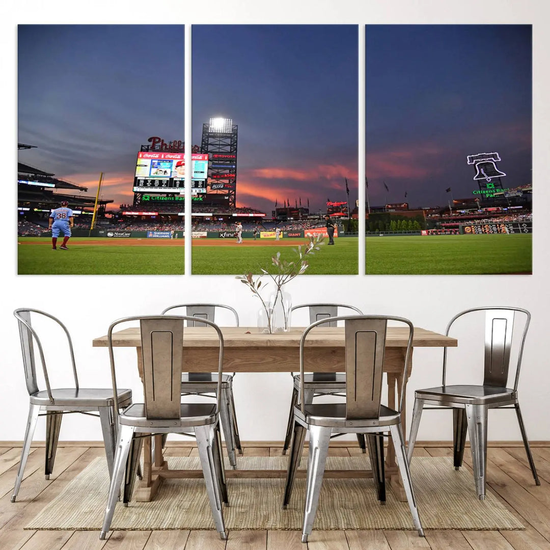 The Philadelphia Phillies Baseball Team Print, featuring the Citizens Bank Park Stadium at sunset, adorns the wall. Its gallery-quality canvas finish brings a touch of elegance to the space.