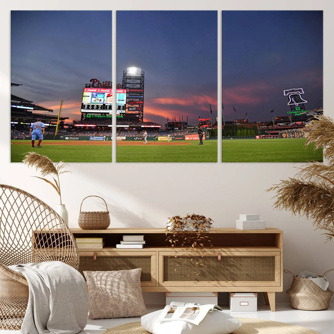 The Philadelphia Phillies Baseball Team Print, featuring the Citizens Bank Park Stadium at sunset, adorns the wall. Its gallery-quality canvas finish brings a touch of elegance to the space.