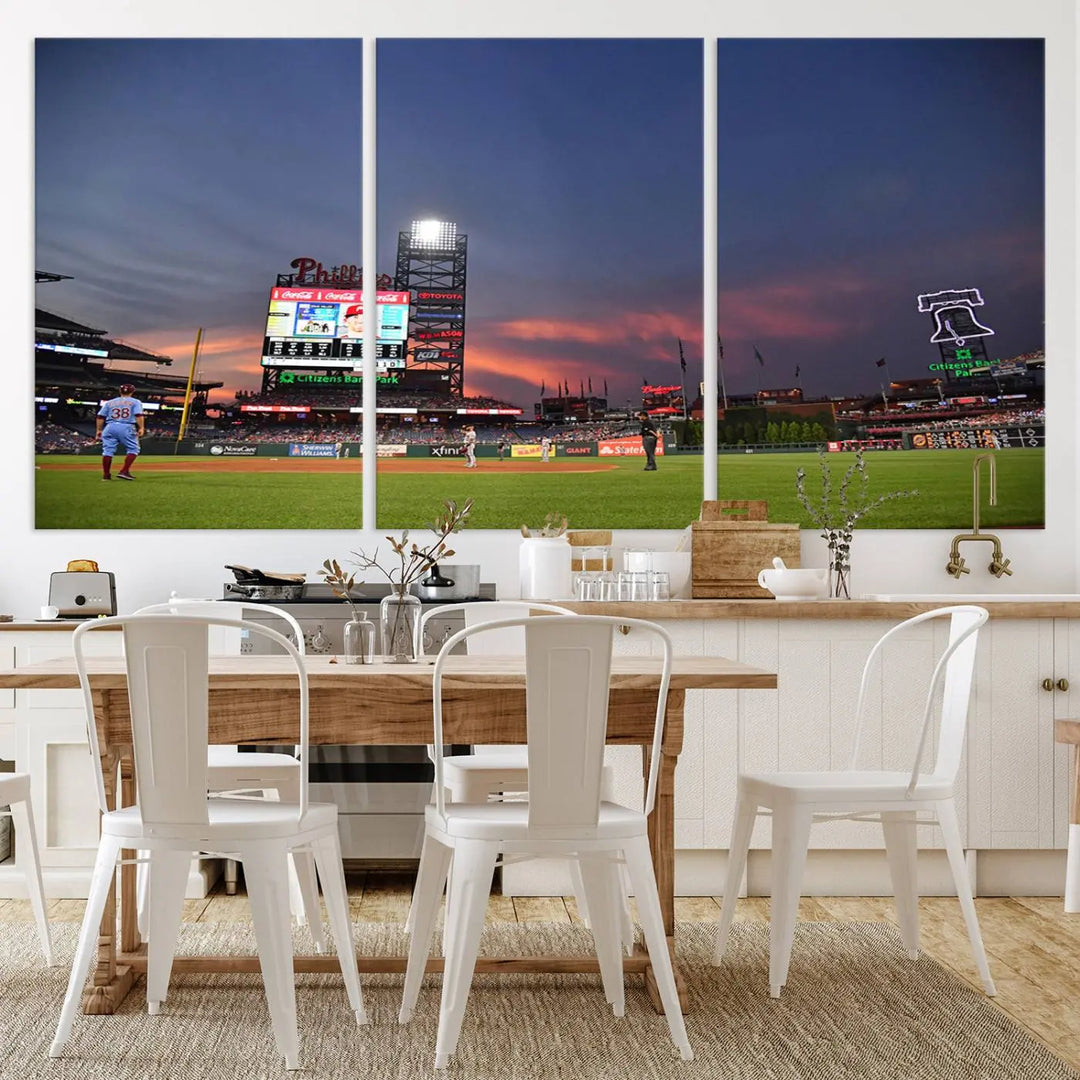 The Philadelphia Phillies Baseball Team Print, featuring the Citizens Bank Park Stadium at sunset, adorns the wall. Its gallery-quality canvas finish brings a touch of elegance to the space.