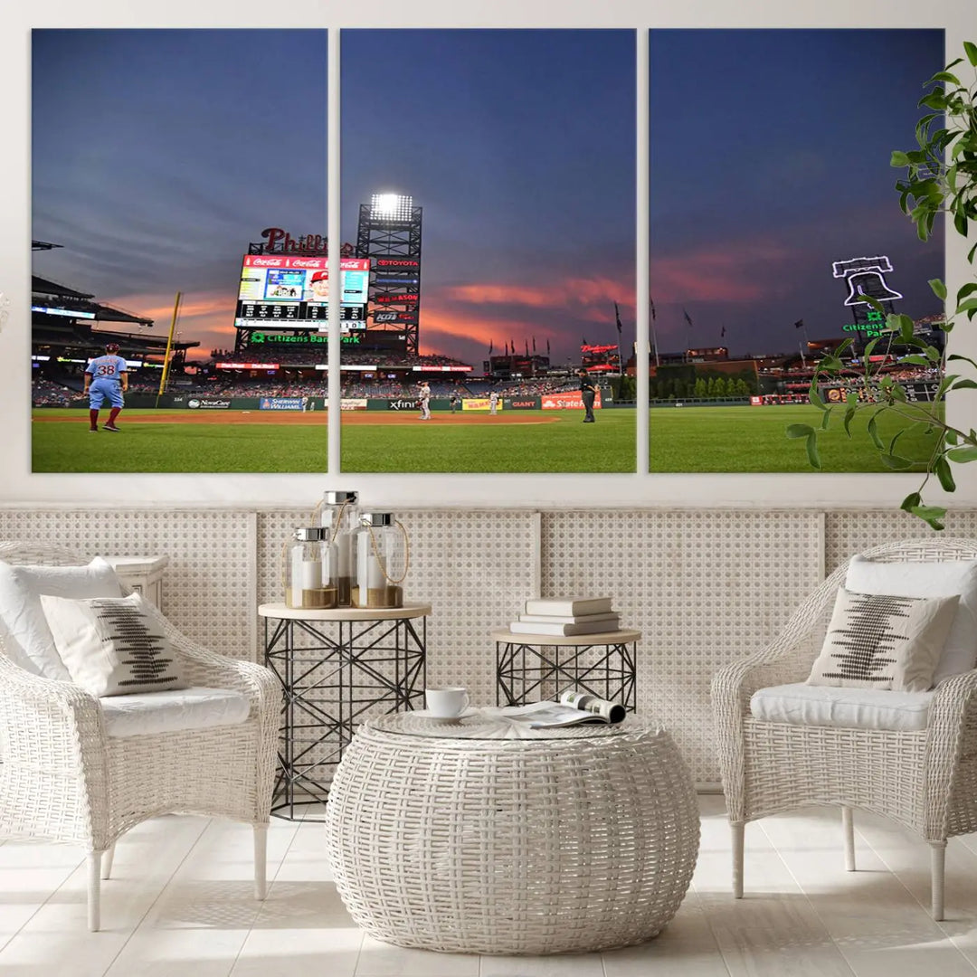 The Philadelphia Phillies Baseball Team Print, featuring the Citizens Bank Park Stadium at sunset, adorns the wall. Its gallery-quality canvas finish brings a touch of elegance to the space.