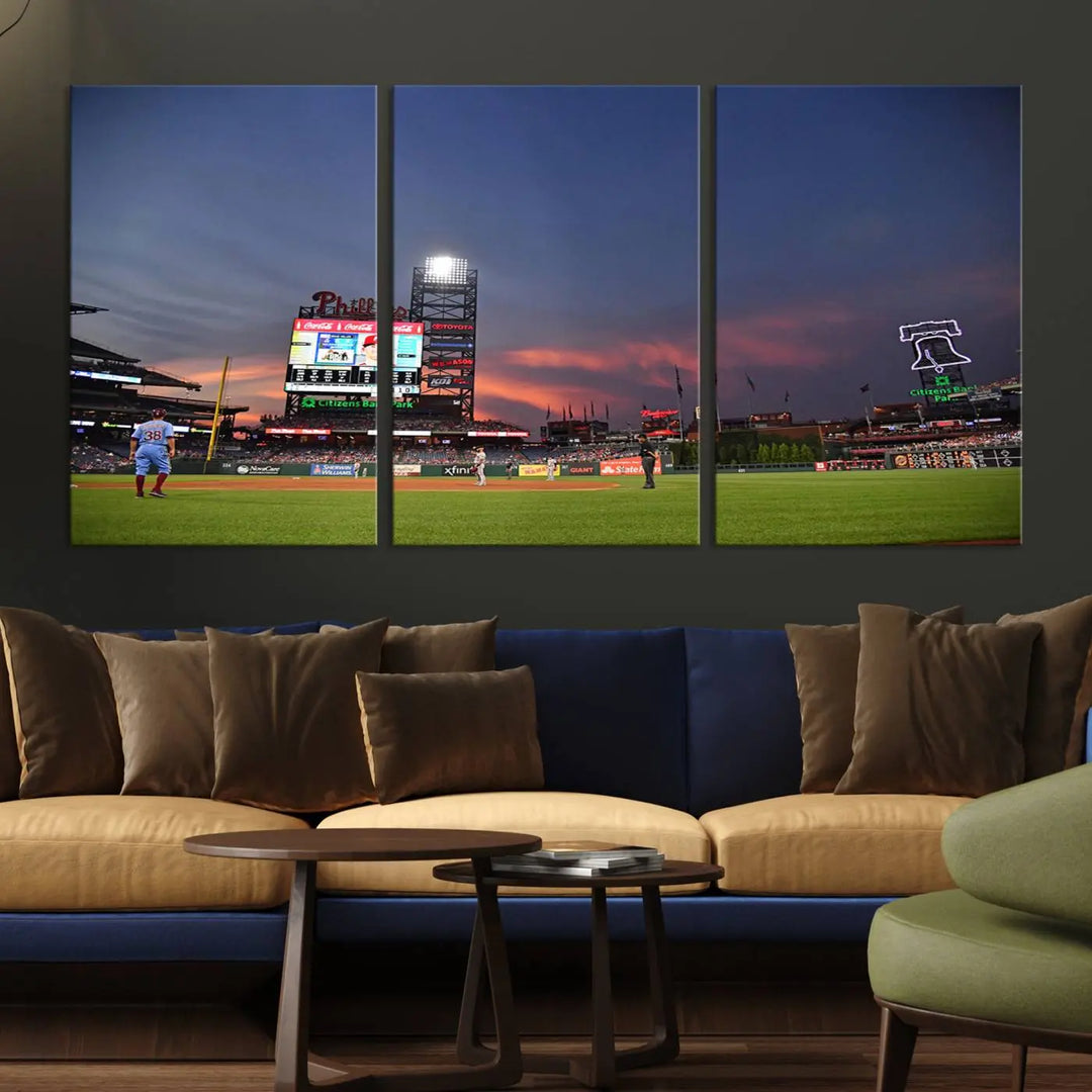 The Philadelphia Phillies Baseball Team Print, featuring the Citizens Bank Park Stadium at sunset, adorns the wall. Its gallery-quality canvas finish brings a touch of elegance to the space.