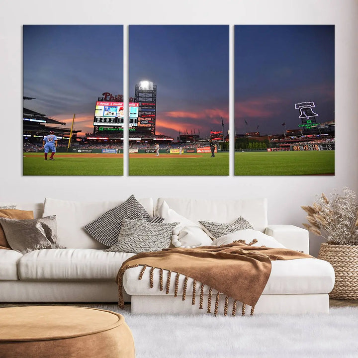 The Philadelphia Phillies Baseball Team Print, featuring the Citizens Bank Park Stadium at sunset, adorns the wall. Its gallery-quality canvas finish brings a touch of elegance to the space.