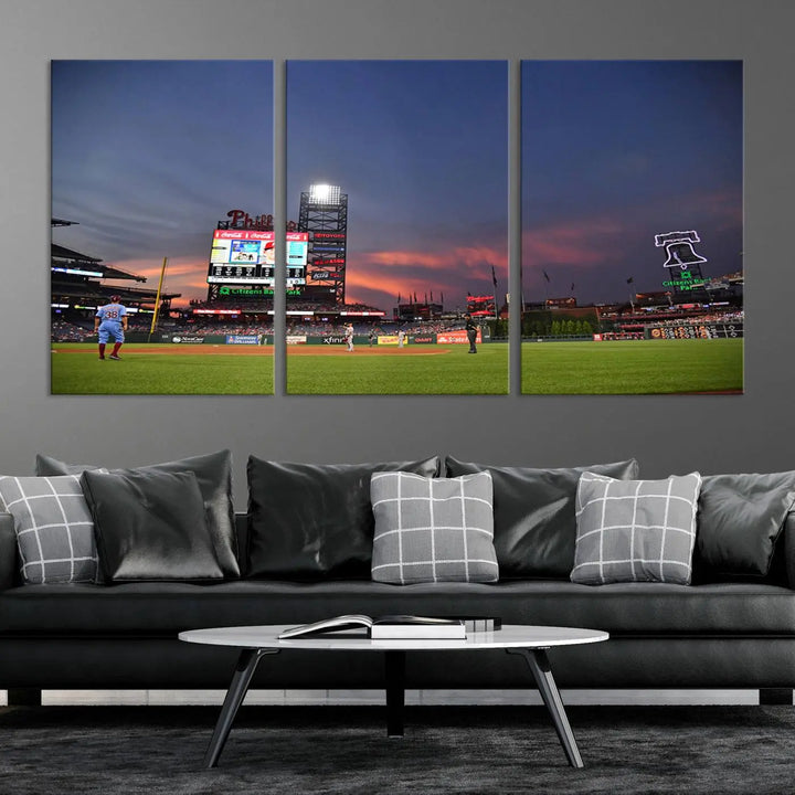 The Philadelphia Phillies Baseball Team Print, featuring the Citizens Bank Park Stadium at sunset, adorns the wall. Its gallery-quality canvas finish brings a touch of elegance to the space.