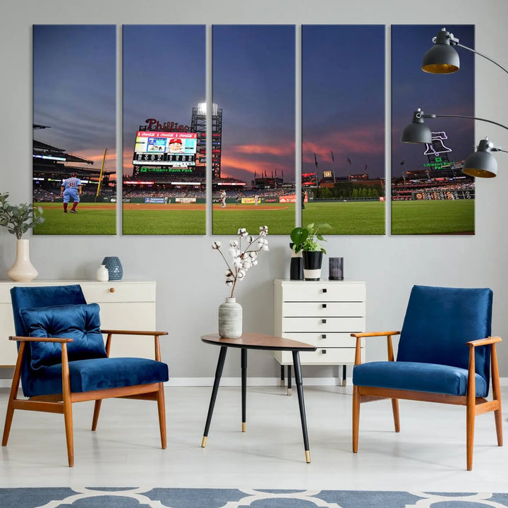 The Philadelphia Phillies Baseball Team Print, featuring the Citizens Bank Park Stadium at sunset, adorns the wall. Its gallery-quality canvas finish brings a touch of elegance to the space.