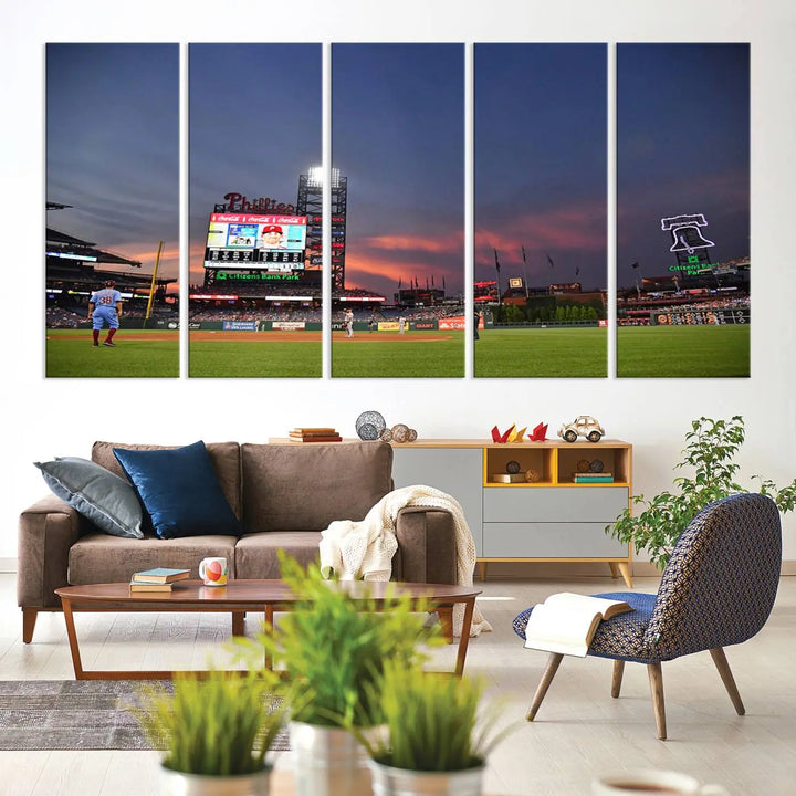 The Philadelphia Phillies Baseball Team Print, featuring the Citizens Bank Park Stadium at sunset, adorns the wall. Its gallery-quality canvas finish brings a touch of elegance to the space.