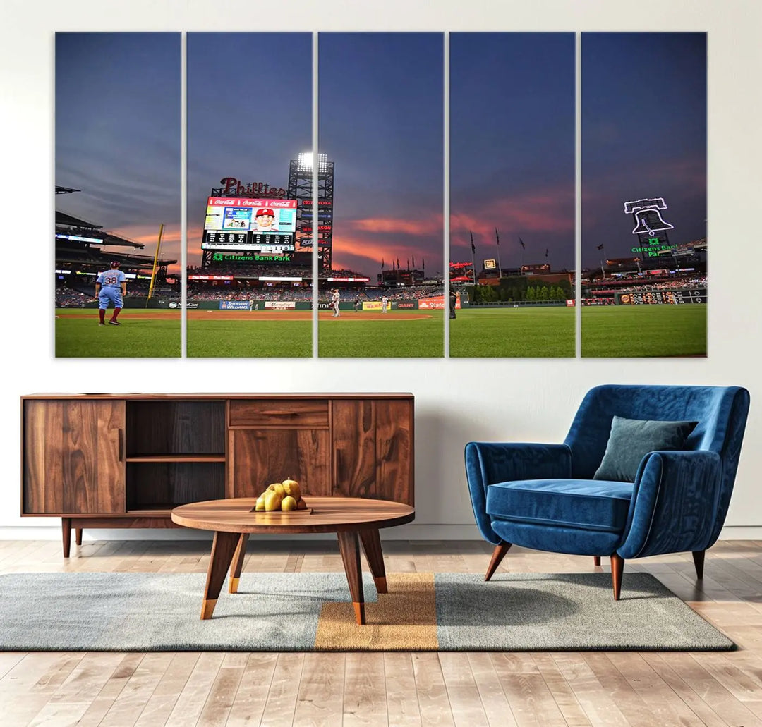 The Philadelphia Phillies Baseball Team Print, featuring the Citizens Bank Park Stadium at sunset, adorns the wall. Its gallery-quality canvas finish brings a touch of elegance to the space.