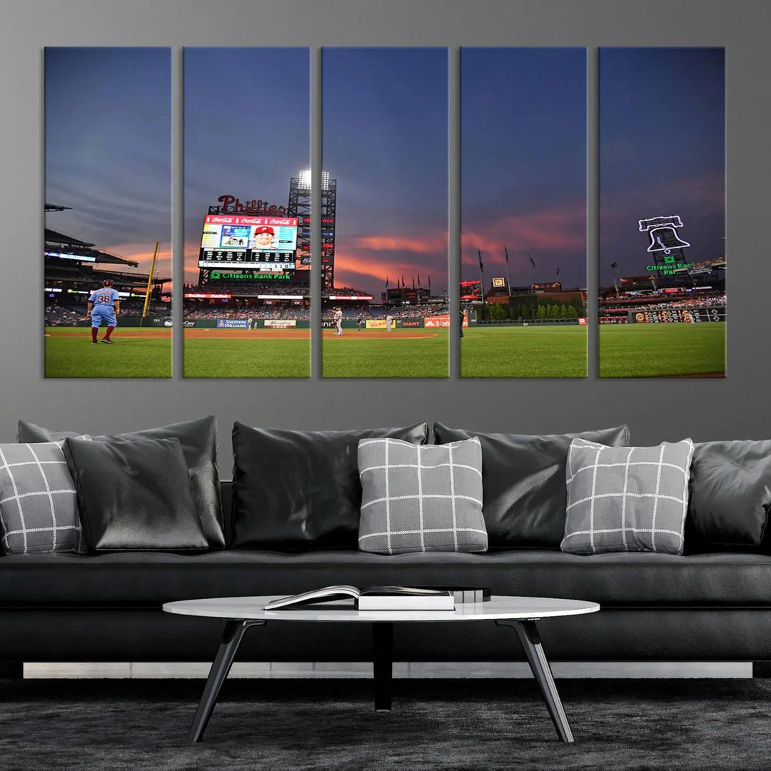 The Philadelphia Phillies Baseball Team Print, featuring the Citizens Bank Park Stadium at sunset, adorns the wall. Its gallery-quality canvas finish brings a touch of elegance to the space.