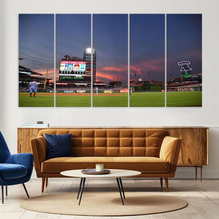 The Philadelphia Phillies Baseball Team Print, featuring the Citizens Bank Park Stadium at sunset, adorns the wall. Its gallery-quality canvas finish brings a touch of elegance to the space.