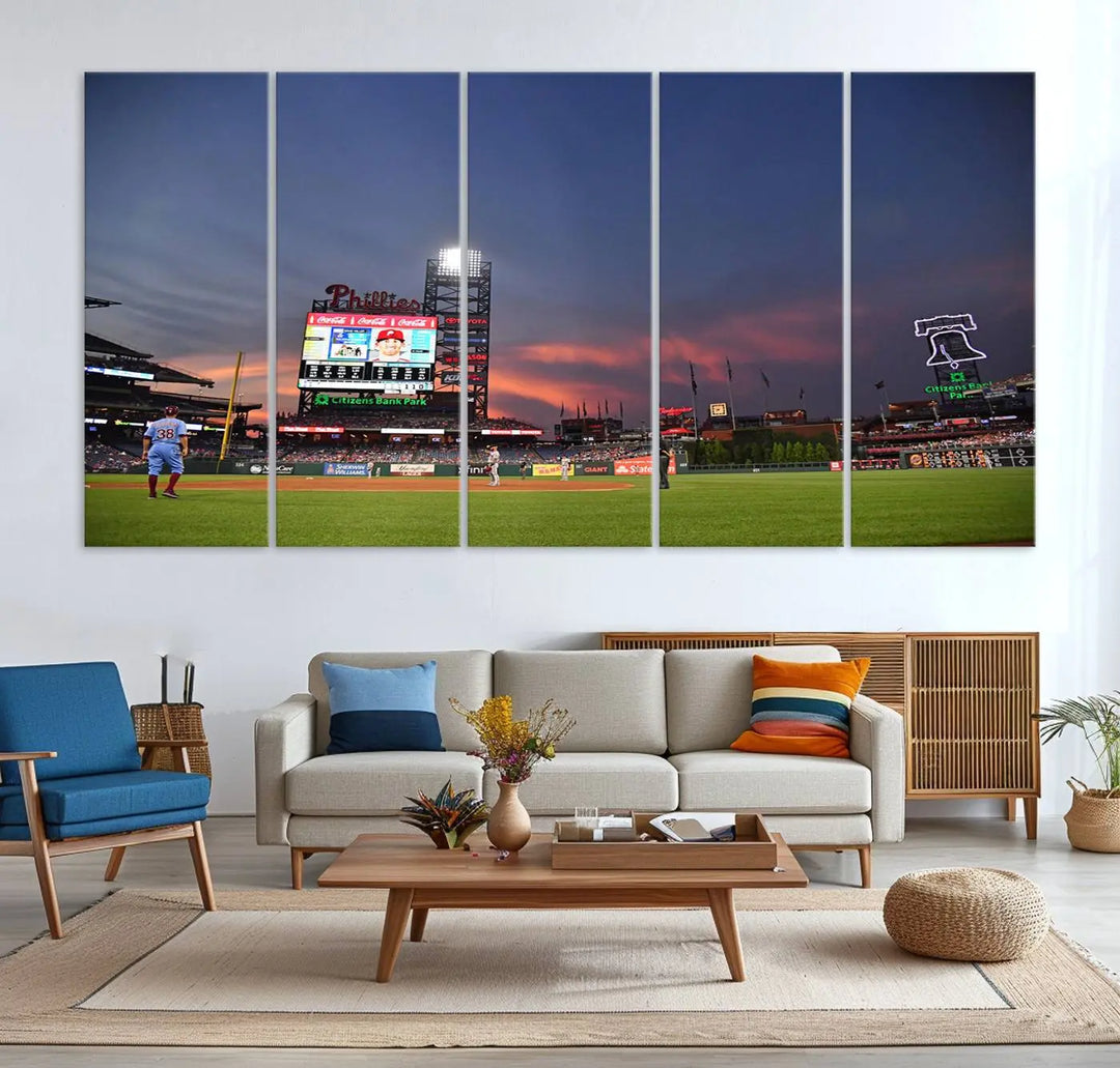 The Philadelphia Phillies Baseball Team Print, featuring the Citizens Bank Park Stadium at sunset, adorns the wall. Its gallery-quality canvas finish brings a touch of elegance to the space.