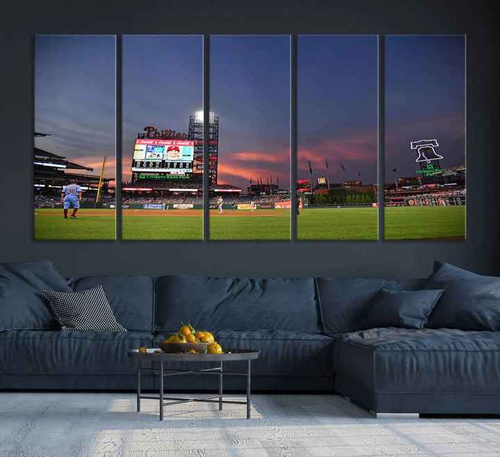 The Philadelphia Phillies Baseball Team Print, featuring the Citizens Bank Park Stadium at sunset, adorns the wall. Its gallery-quality canvas finish brings a touch of elegance to the space.