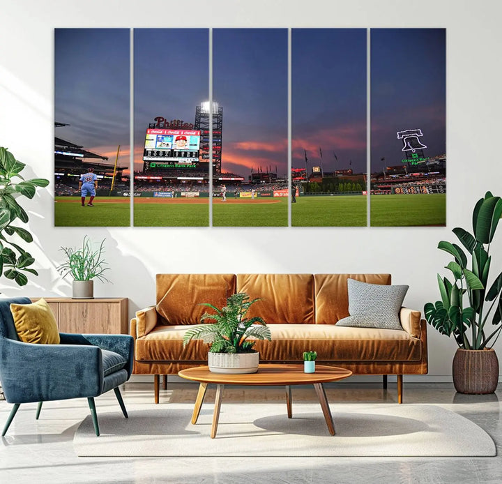 The Philadelphia Phillies Baseball Team Print, featuring the Citizens Bank Park Stadium at sunset, adorns the wall. Its gallery-quality canvas finish brings a touch of elegance to the space.