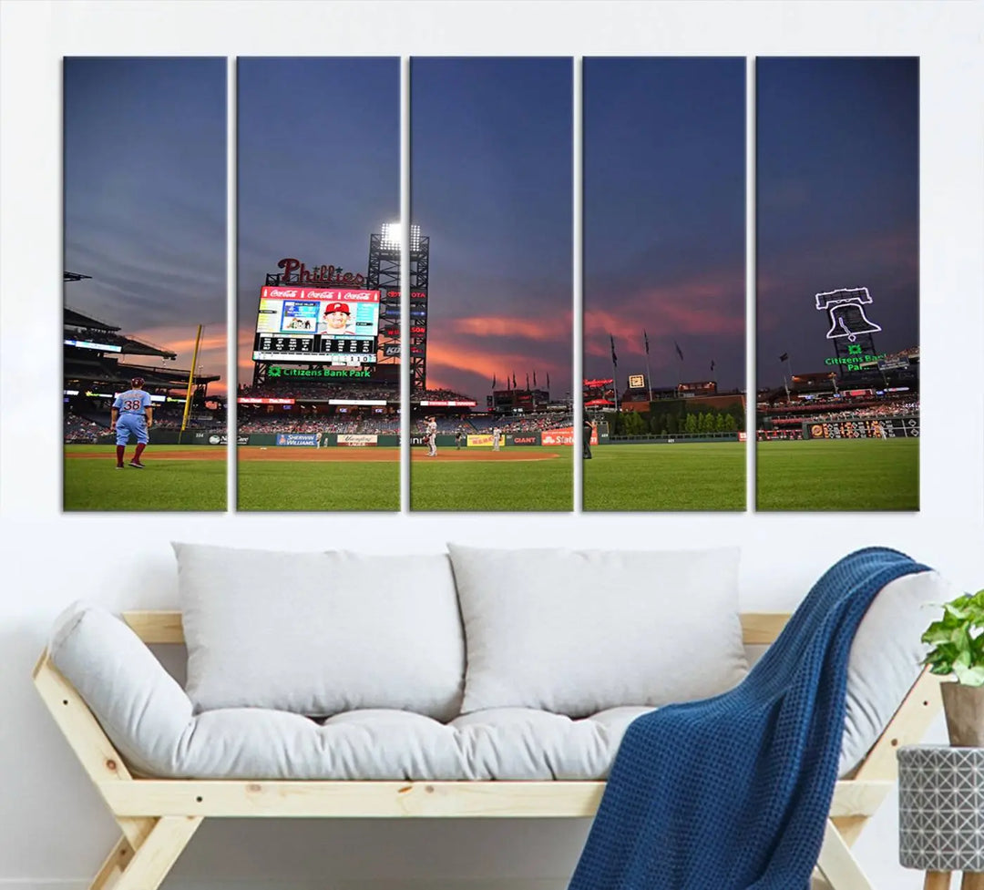 The Philadelphia Phillies Baseball Team Print, featuring the Citizens Bank Park Stadium at sunset, adorns the wall. Its gallery-quality canvas finish brings a touch of elegance to the space.