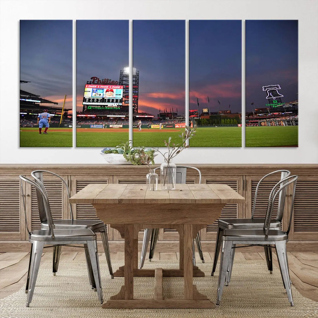 The Philadelphia Phillies Baseball Team Print, featuring the Citizens Bank Park Stadium at sunset, adorns the wall. Its gallery-quality canvas finish brings a touch of elegance to the space.