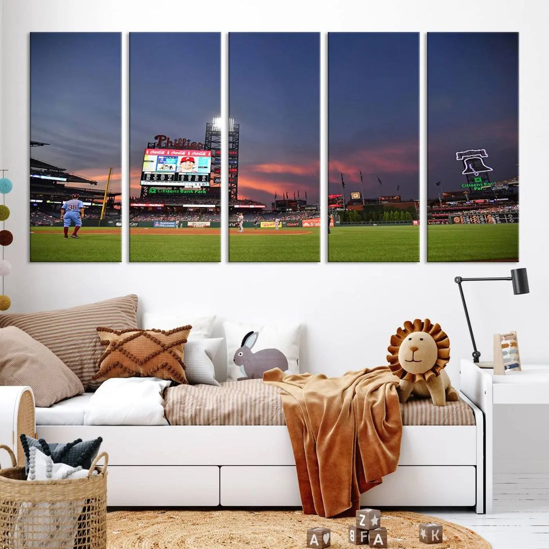 The Philadelphia Phillies Baseball Team Print, featuring the Citizens Bank Park Stadium at sunset, adorns the wall. Its gallery-quality canvas finish brings a touch of elegance to the space.