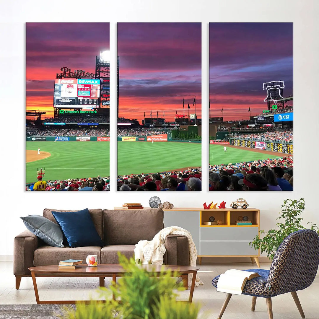 Philadelphia Phillies Baseball Team Print - a stunning canvas print of Philadelphia Citizens Bank Park Stadium at sunset, showcasing an action-packed game with a vibrant crowd. This piece is finished with gallery-quality precision, transforming it into compelling wall art that elevates any space.