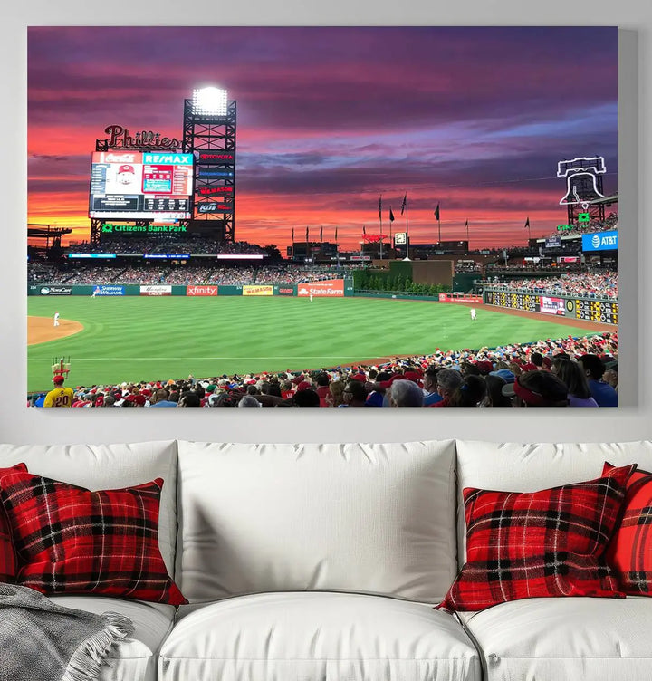 Philadelphia Phillies Baseball Team Print - a stunning canvas print of Philadelphia Citizens Bank Park Stadium at sunset, showcasing an action-packed game with a vibrant crowd. This piece is finished with gallery-quality precision, transforming it into compelling wall art that elevates any space.