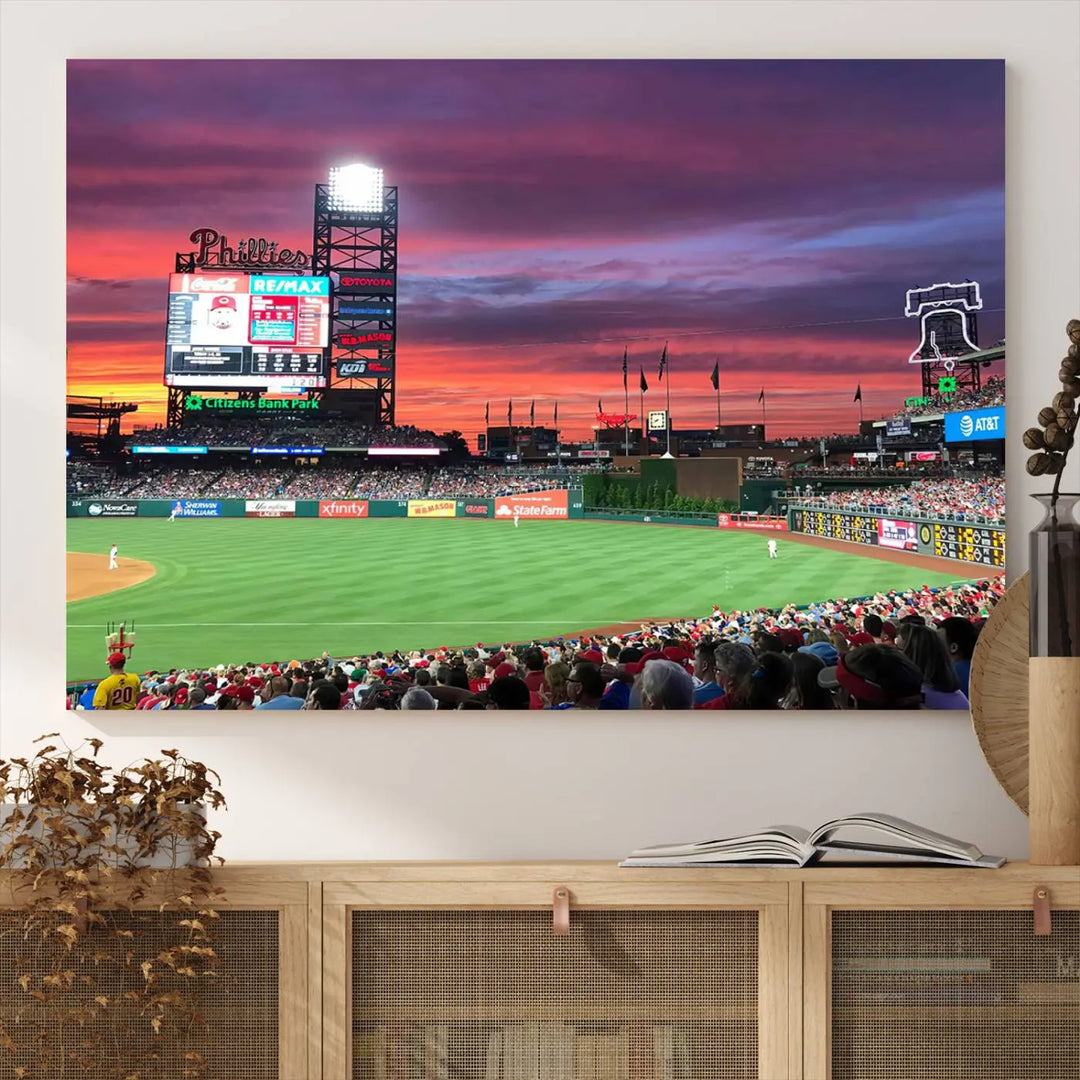 Philadelphia Phillies Baseball Team Print - a stunning canvas print of Philadelphia Citizens Bank Park Stadium at sunset, showcasing an action-packed game with a vibrant crowd. This piece is finished with gallery-quality precision, transforming it into compelling wall art that elevates any space.