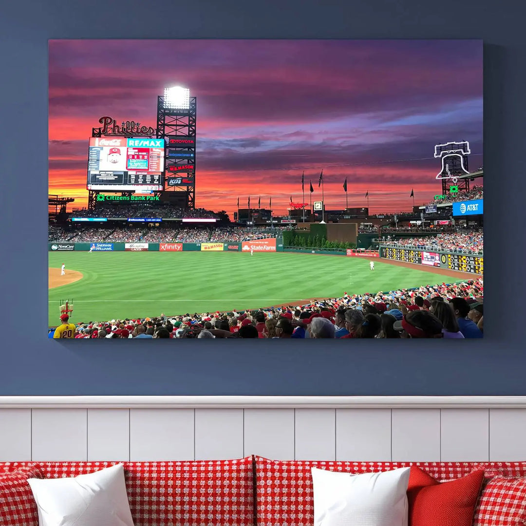 Philadelphia Phillies Baseball Team Print - a stunning canvas print of Philadelphia Citizens Bank Park Stadium at sunset, showcasing an action-packed game with a vibrant crowd. This piece is finished with gallery-quality precision, transforming it into compelling wall art that elevates any space.