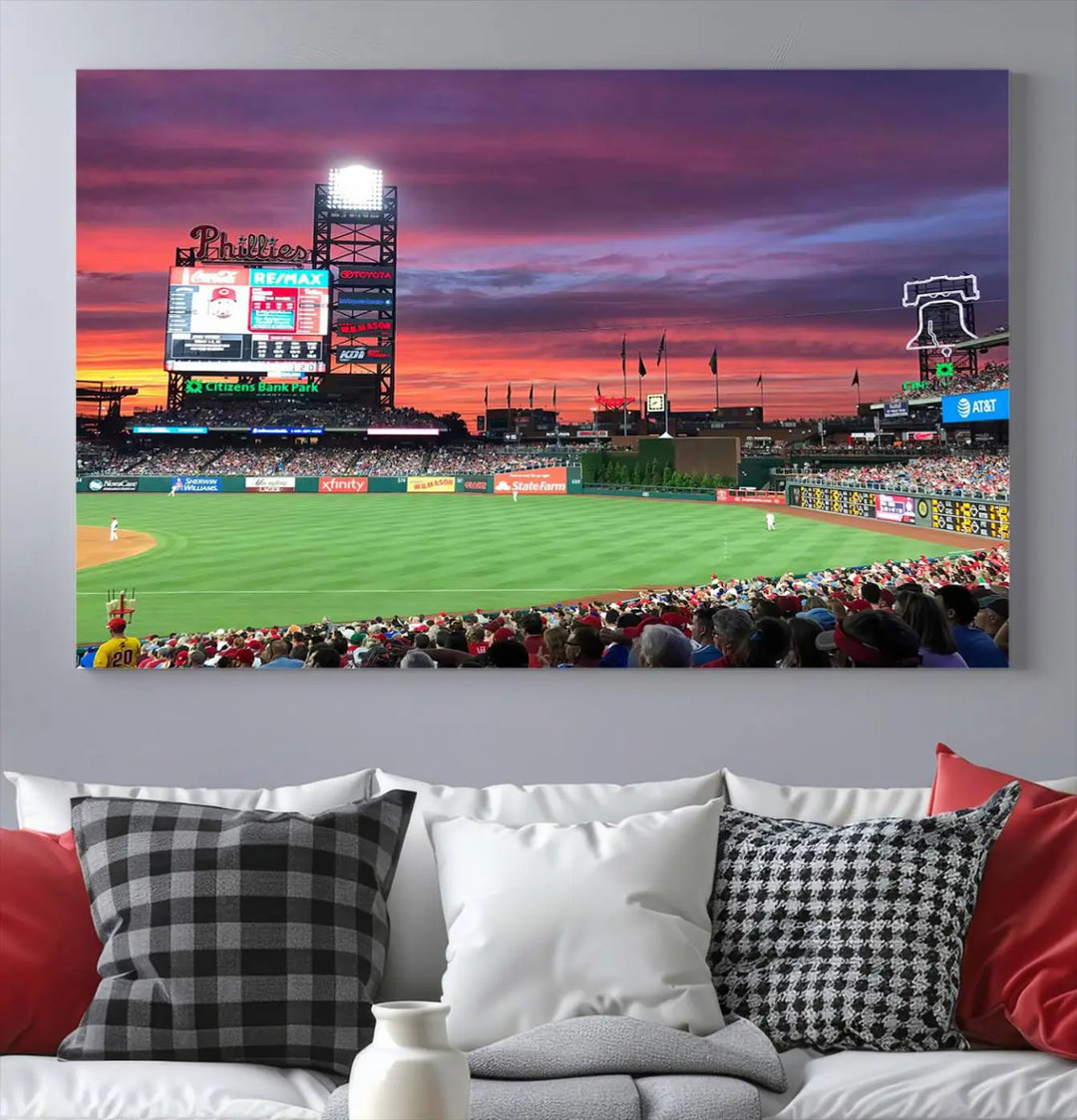 Philadelphia Phillies Baseball Team Print - a stunning canvas print of Philadelphia Citizens Bank Park Stadium at sunset, showcasing an action-packed game with a vibrant crowd. This piece is finished with gallery-quality precision, transforming it into compelling wall art that elevates any space.