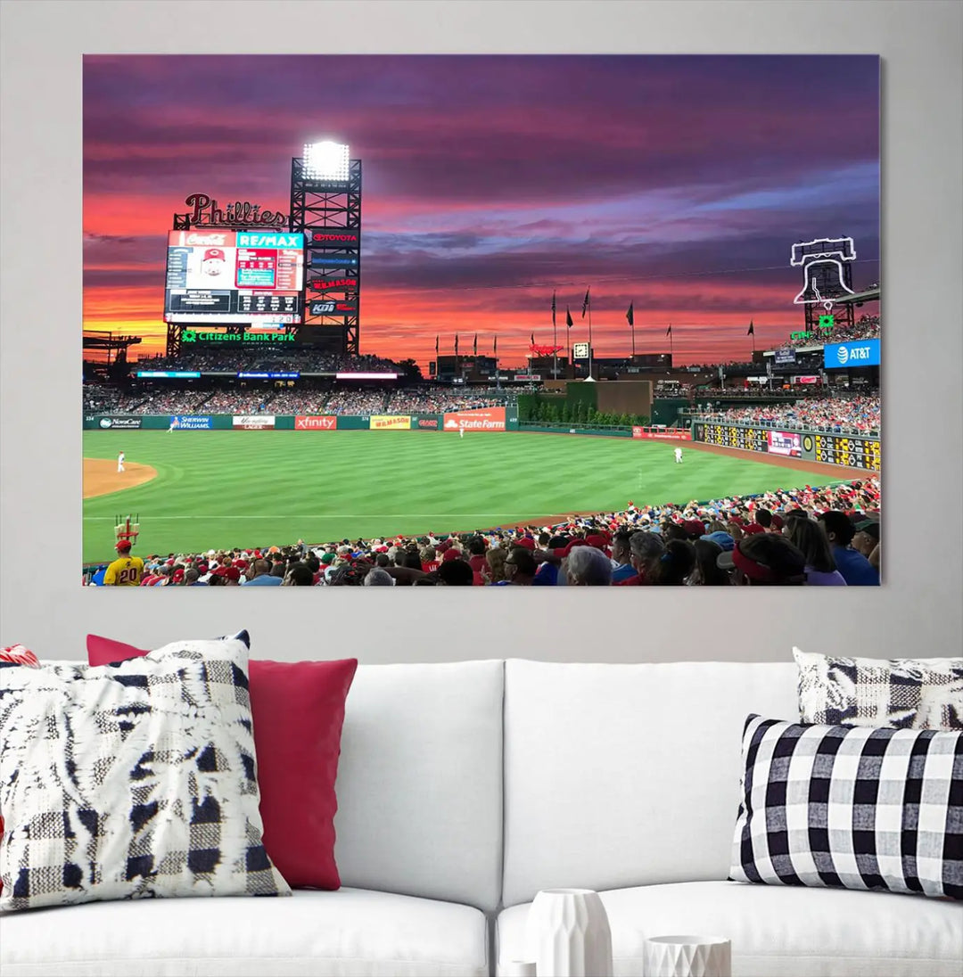 Philadelphia Phillies Baseball Team Print - a stunning canvas print of Philadelphia Citizens Bank Park Stadium at sunset, showcasing an action-packed game with a vibrant crowd. This piece is finished with gallery-quality precision, transforming it into compelling wall art that elevates any space.