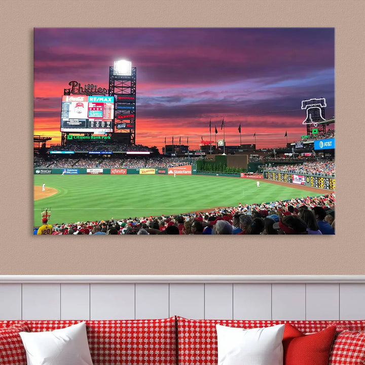 Philadelphia Phillies Baseball Team Print - a stunning canvas print of Philadelphia Citizens Bank Park Stadium at sunset, showcasing an action-packed game with a vibrant crowd. This piece is finished with gallery-quality precision, transforming it into compelling wall art that elevates any space.