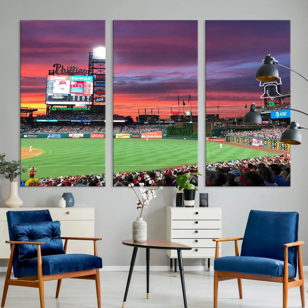 Philadelphia Phillies Baseball Team Print - a stunning canvas print of Philadelphia Citizens Bank Park Stadium at sunset, showcasing an action-packed game with a vibrant crowd. This piece is finished with gallery-quality precision, transforming it into compelling wall art that elevates any space.