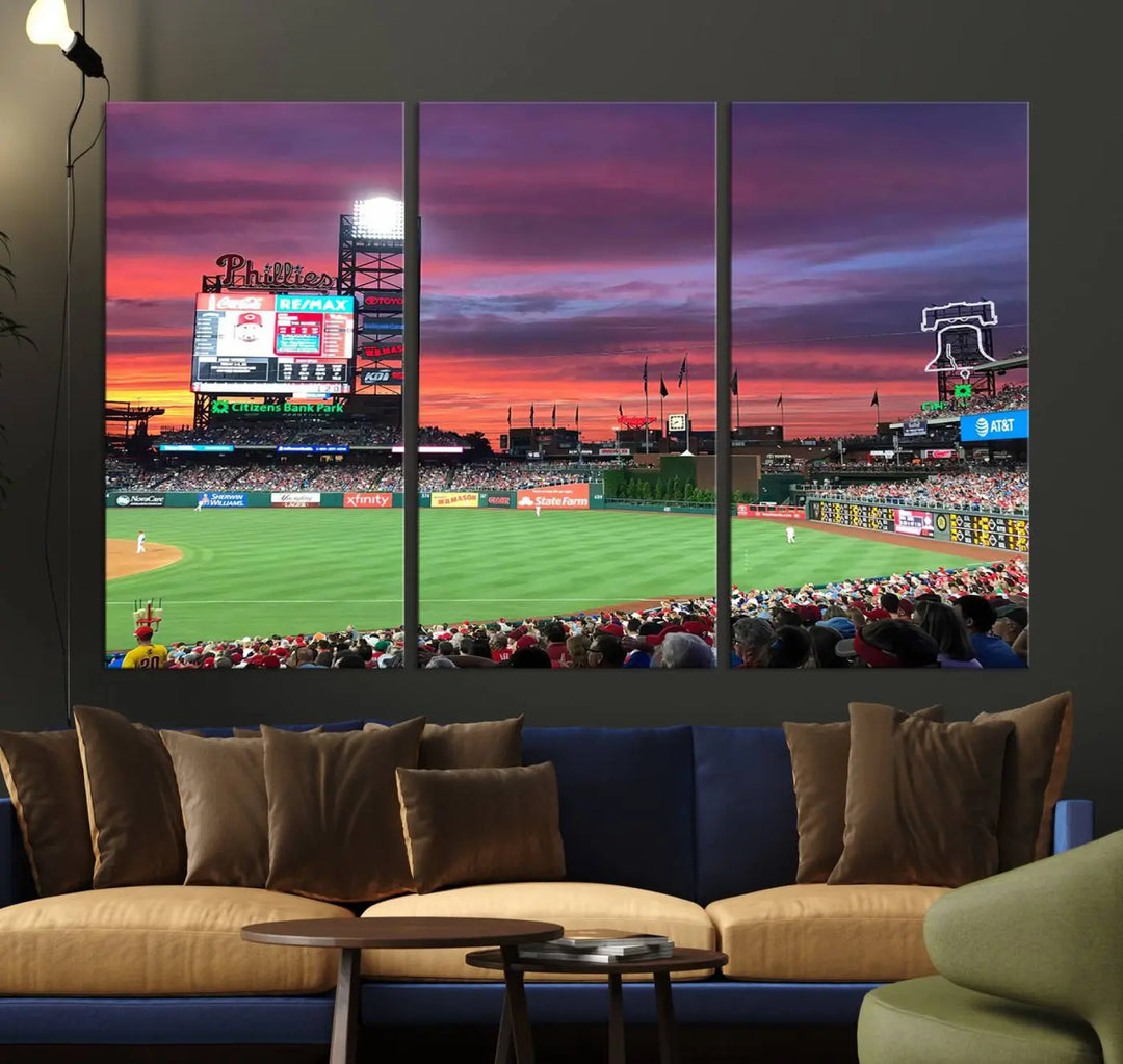 Philadelphia Phillies Baseball Team Print - a stunning canvas print of Philadelphia Citizens Bank Park Stadium at sunset, showcasing an action-packed game with a vibrant crowd. This piece is finished with gallery-quality precision, transforming it into compelling wall art that elevates any space.