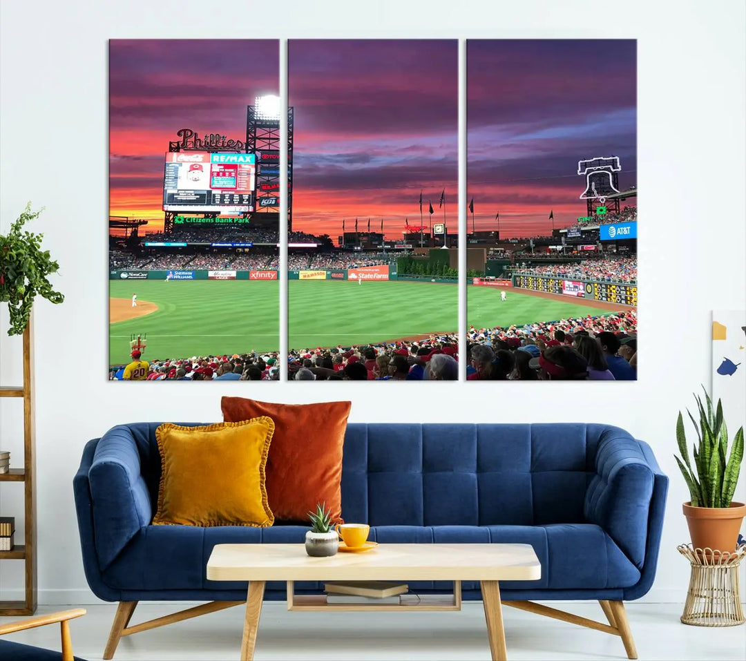 Philadelphia Phillies Baseball Team Print - a stunning canvas print of Philadelphia Citizens Bank Park Stadium at sunset, showcasing an action-packed game with a vibrant crowd. This piece is finished with gallery-quality precision, transforming it into compelling wall art that elevates any space.