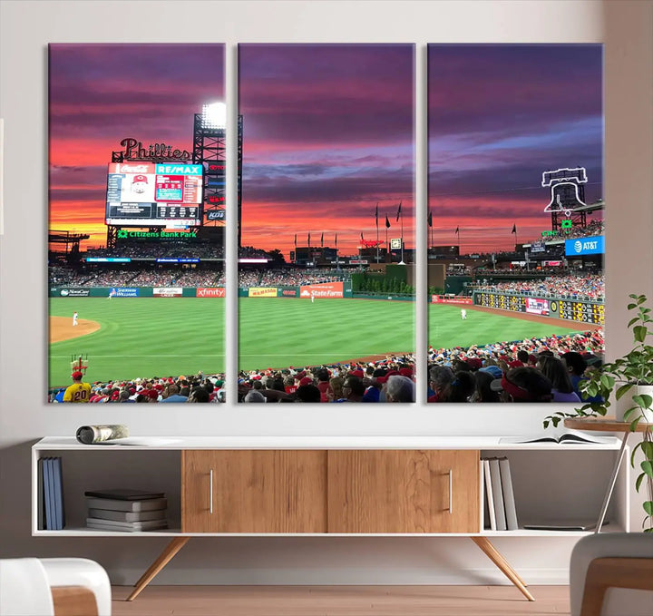 Philadelphia Phillies Baseball Team Print - a stunning canvas print of Philadelphia Citizens Bank Park Stadium at sunset, showcasing an action-packed game with a vibrant crowd. This piece is finished with gallery-quality precision, transforming it into compelling wall art that elevates any space.