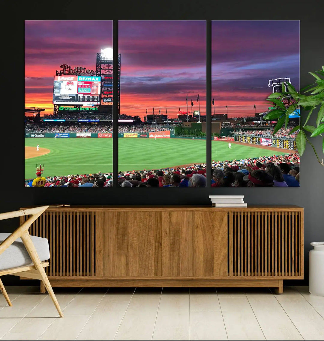 Philadelphia Phillies Baseball Team Print - a stunning canvas print of Philadelphia Citizens Bank Park Stadium at sunset, showcasing an action-packed game with a vibrant crowd. This piece is finished with gallery-quality precision, transforming it into compelling wall art that elevates any space.