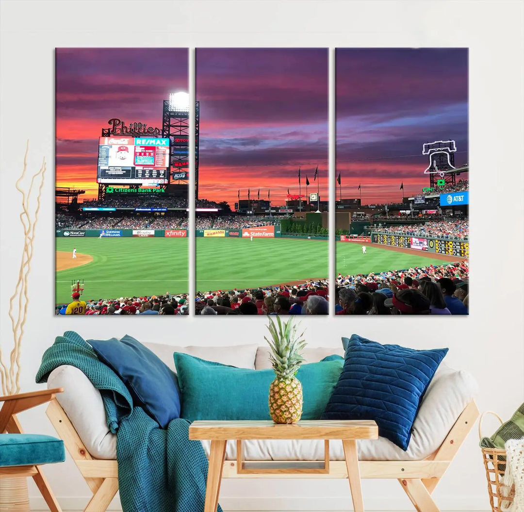 Philadelphia Phillies Baseball Team Print - a stunning canvas print of Philadelphia Citizens Bank Park Stadium at sunset, showcasing an action-packed game with a vibrant crowd. This piece is finished with gallery-quality precision, transforming it into compelling wall art that elevates any space.