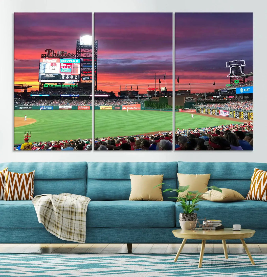 Philadelphia Phillies Baseball Team Print - a stunning canvas print of Philadelphia Citizens Bank Park Stadium at sunset, showcasing an action-packed game with a vibrant crowd. This piece is finished with gallery-quality precision, transforming it into compelling wall art that elevates any space.