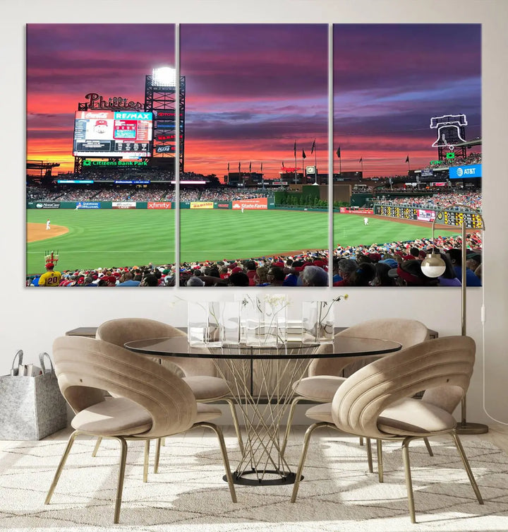 Philadelphia Phillies Baseball Team Print - a stunning canvas print of Philadelphia Citizens Bank Park Stadium at sunset, showcasing an action-packed game with a vibrant crowd. This piece is finished with gallery-quality precision, transforming it into compelling wall art that elevates any space.