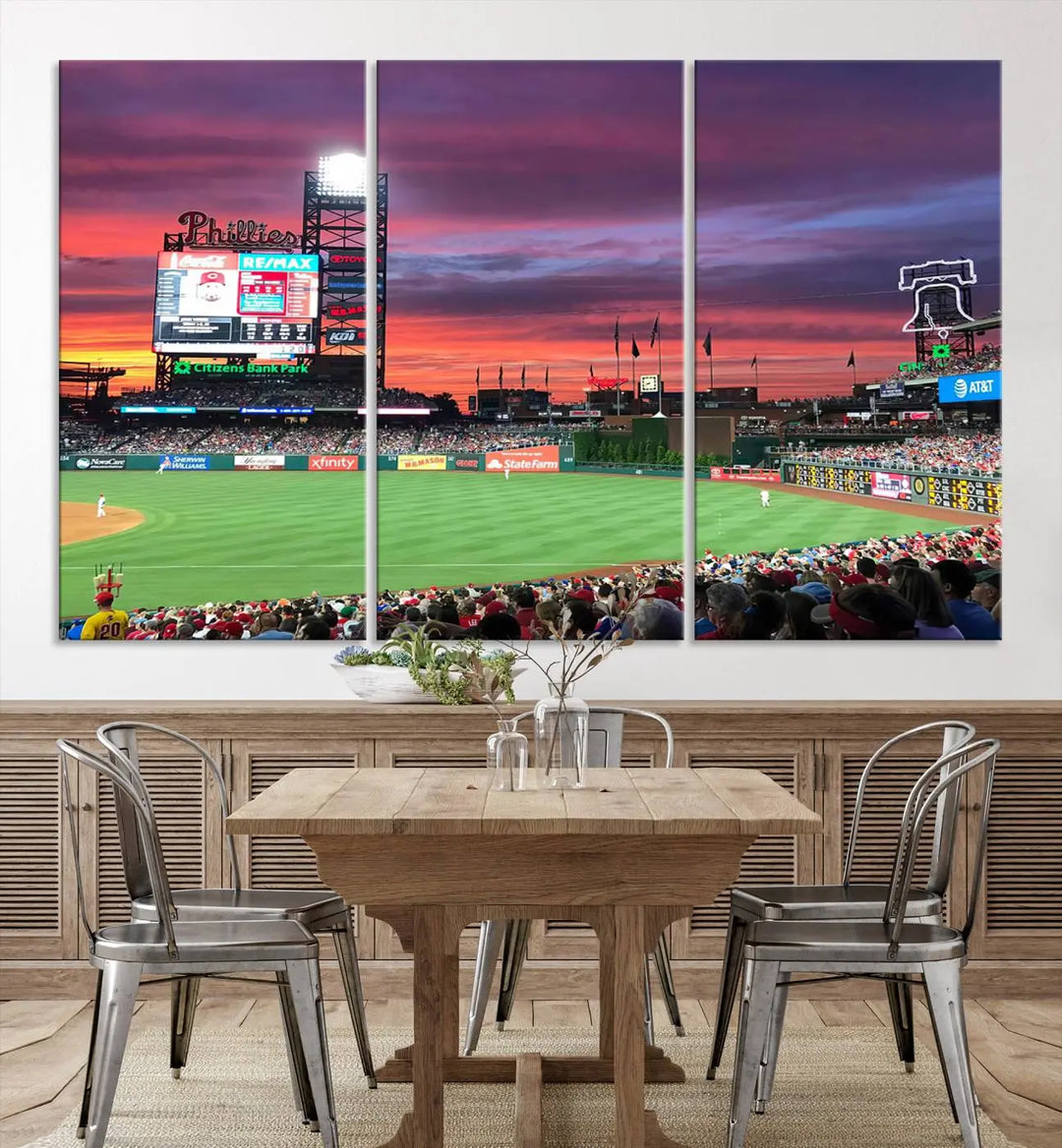 Philadelphia Phillies Baseball Team Print - a stunning canvas print of Philadelphia Citizens Bank Park Stadium at sunset, showcasing an action-packed game with a vibrant crowd. This piece is finished with gallery-quality precision, transforming it into compelling wall art that elevates any space.