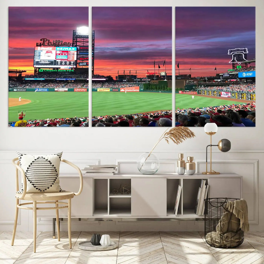 Philadelphia Phillies Baseball Team Print - a stunning canvas print of Philadelphia Citizens Bank Park Stadium at sunset, showcasing an action-packed game with a vibrant crowd. This piece is finished with gallery-quality precision, transforming it into compelling wall art that elevates any space.