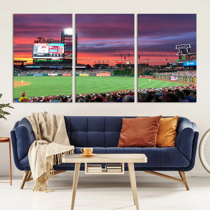 Philadelphia Phillies Baseball Team Print - a stunning canvas print of Philadelphia Citizens Bank Park Stadium at sunset, showcasing an action-packed game with a vibrant crowd. This piece is finished with gallery-quality precision, transforming it into compelling wall art that elevates any space.