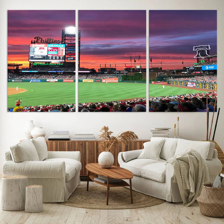 Philadelphia Phillies Baseball Team Print - a stunning canvas print of Philadelphia Citizens Bank Park Stadium at sunset, showcasing an action-packed game with a vibrant crowd. This piece is finished with gallery-quality precision, transforming it into compelling wall art that elevates any space.