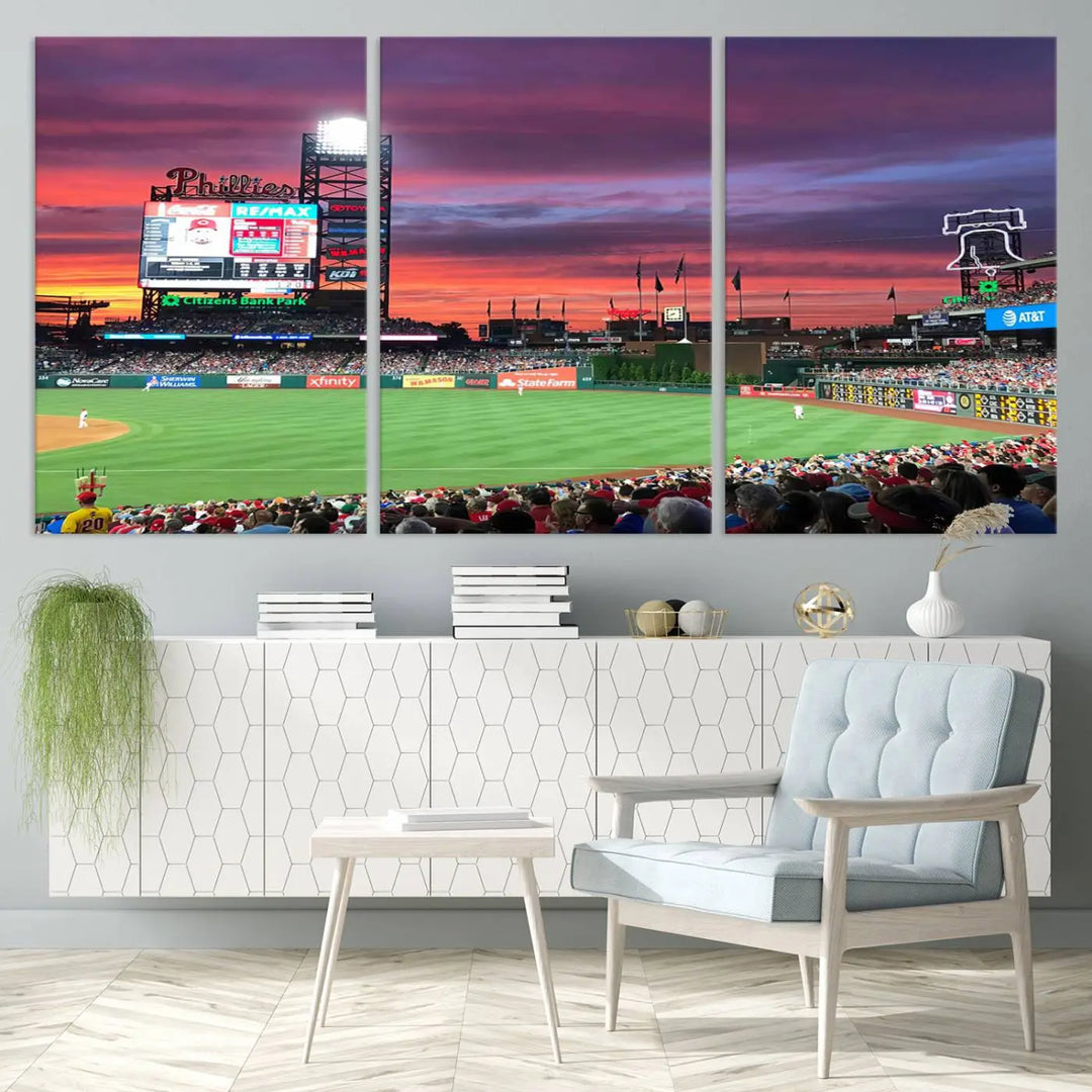 Philadelphia Phillies Baseball Team Print - a stunning canvas print of Philadelphia Citizens Bank Park Stadium at sunset, showcasing an action-packed game with a vibrant crowd. This piece is finished with gallery-quality precision, transforming it into compelling wall art that elevates any space.