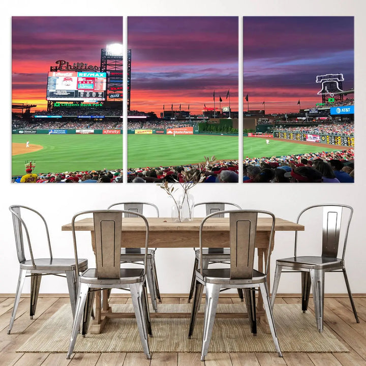 Philadelphia Phillies Baseball Team Print - a stunning canvas print of Philadelphia Citizens Bank Park Stadium at sunset, showcasing an action-packed game with a vibrant crowd. This piece is finished with gallery-quality precision, transforming it into compelling wall art that elevates any space.