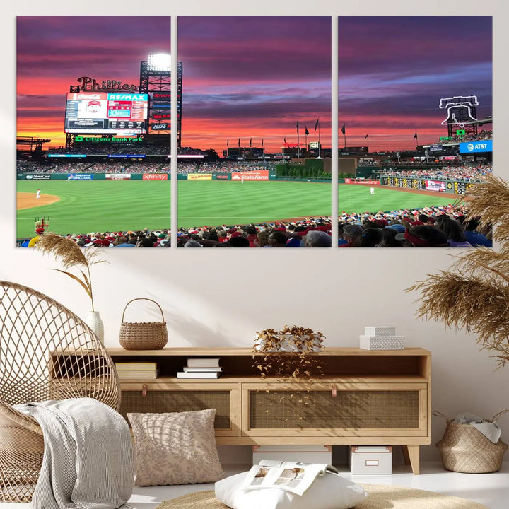 Philadelphia Phillies Baseball Team Print - a stunning canvas print of Philadelphia Citizens Bank Park Stadium at sunset, showcasing an action-packed game with a vibrant crowd. This piece is finished with gallery-quality precision, transforming it into compelling wall art that elevates any space.