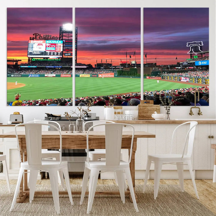 Philadelphia Phillies Baseball Team Print - a stunning canvas print of Philadelphia Citizens Bank Park Stadium at sunset, showcasing an action-packed game with a vibrant crowd. This piece is finished with gallery-quality precision, transforming it into compelling wall art that elevates any space.