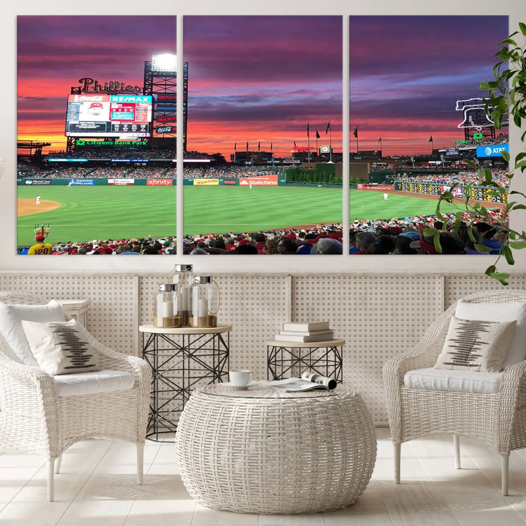 Philadelphia Phillies Baseball Team Print - a stunning canvas print of Philadelphia Citizens Bank Park Stadium at sunset, showcasing an action-packed game with a vibrant crowd. This piece is finished with gallery-quality precision, transforming it into compelling wall art that elevates any space.