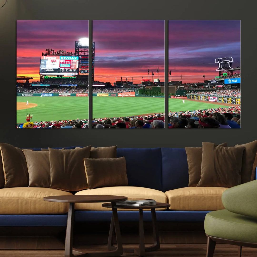 Philadelphia Phillies Baseball Team Print - a stunning canvas print of Philadelphia Citizens Bank Park Stadium at sunset, showcasing an action-packed game with a vibrant crowd. This piece is finished with gallery-quality precision, transforming it into compelling wall art that elevates any space.