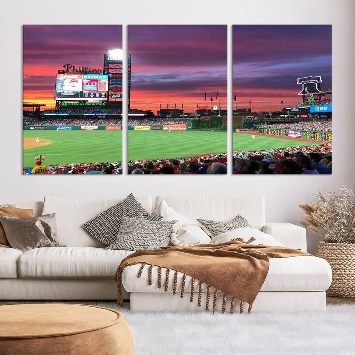 Philadelphia Phillies Baseball Team Print - a stunning canvas print of Philadelphia Citizens Bank Park Stadium at sunset, showcasing an action-packed game with a vibrant crowd. This piece is finished with gallery-quality precision, transforming it into compelling wall art that elevates any space.